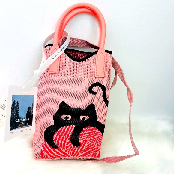 NWT Cute Cat Knitted Tote Crossbody Bag/Pink - Picture 2 of 9